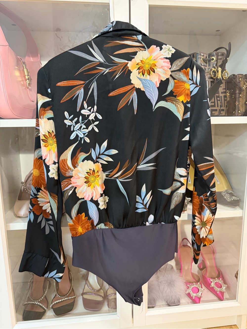 Zara Black Floral Wrap Bodysuit with Orange and Cream Blooms - Picture 4 of 4